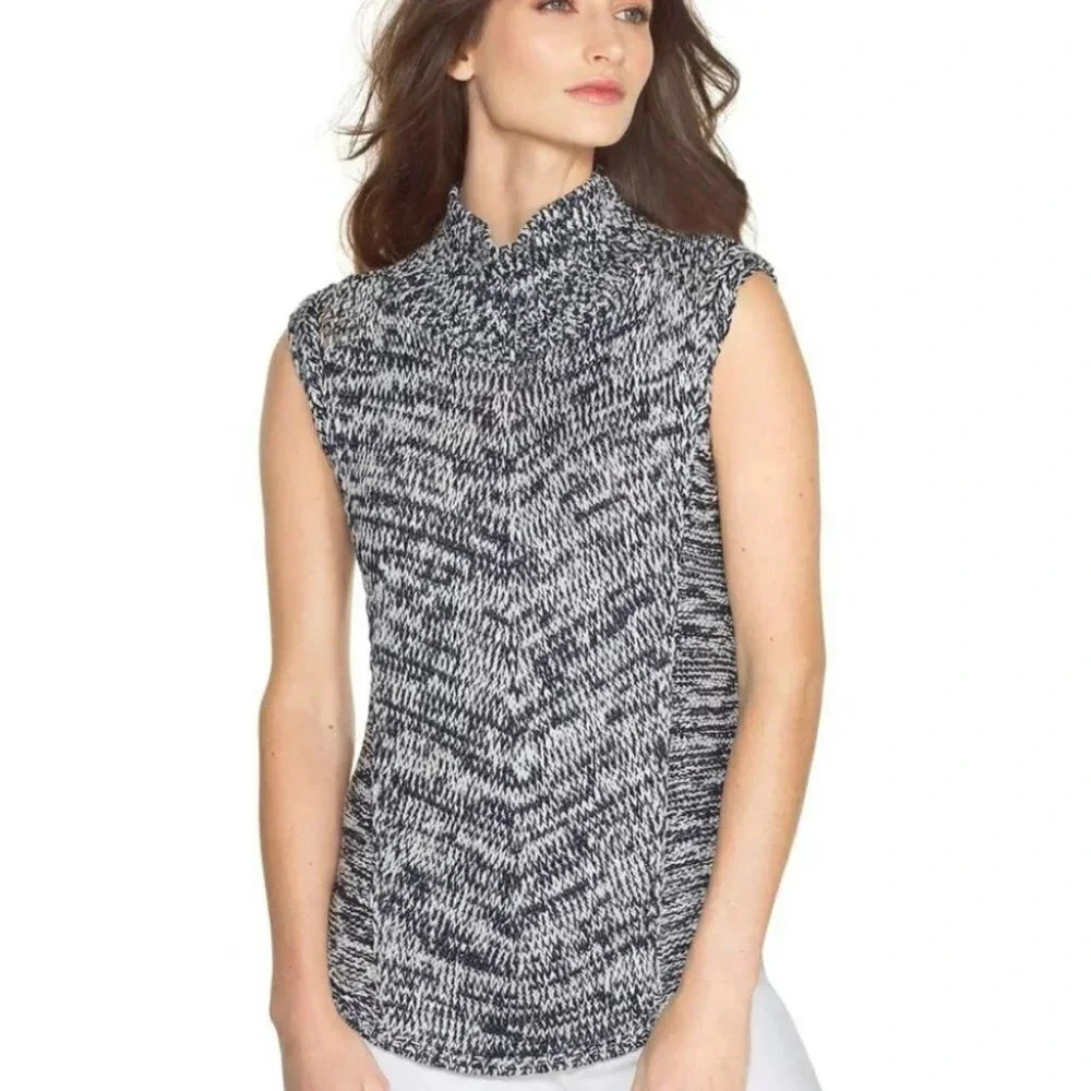 White House Black Market Sweater S Navy White Marled Mock Neck Sleeveless Chunky